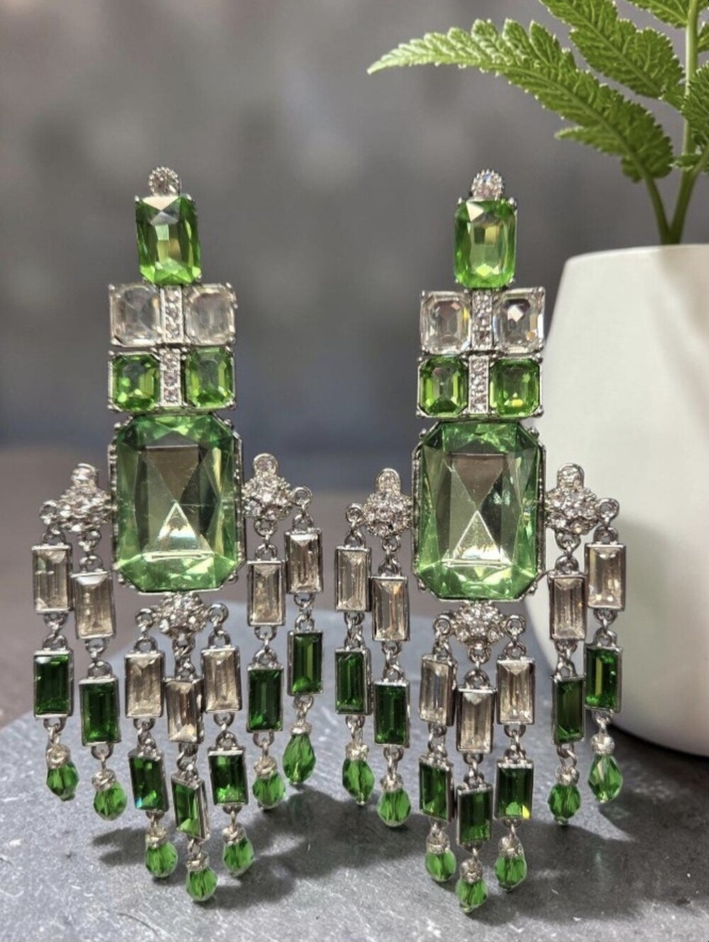 Massive 5" Silver Plated Pale Green Clear Sparkling Crystal Chandelier Earrings